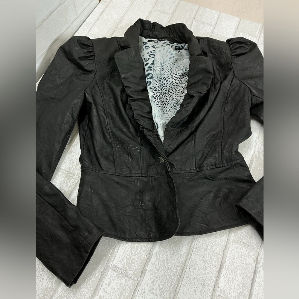 Faux leather Women's Black Ruffled Jacket